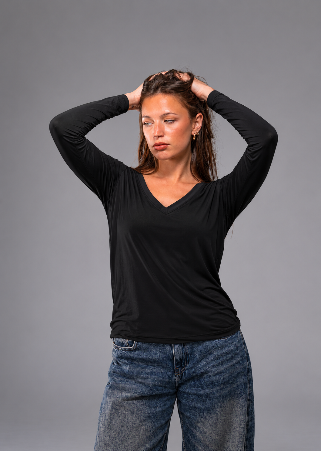 Black V-Neck Long Sleeve Vesta Shirt