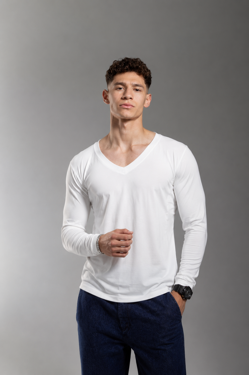 White V-Neck Long Sleeve Vesta Shirt
