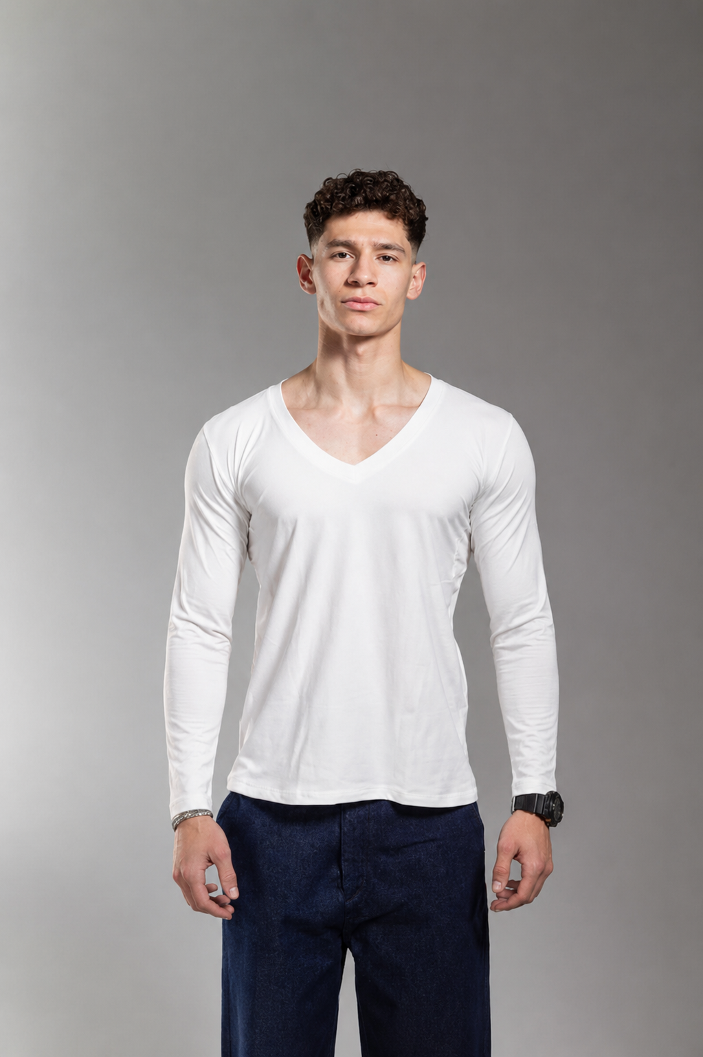 White V-Neck Long Sleeve Vesta Shirt